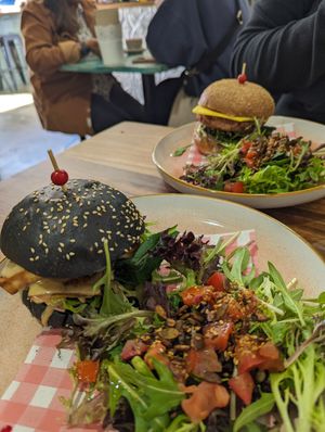 Satay tofu and beef burgers with salad (chips had run out for the day) at Herb & Sprout Co in Maroubra