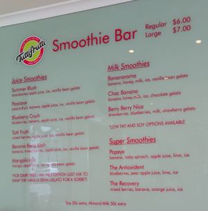 Smoothie menu at TuttiFrutti Artisan Gelato in Mornington