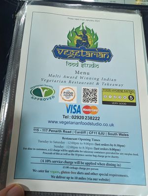 Menu cover page at Vegetarian Food Studio in Cardiff