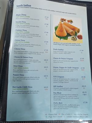 Menu south Indian dishes at Vegetarian Food Studio in Cardiff
