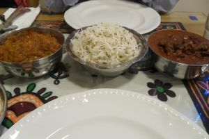 Mains: Ringan no-oro (aubergine), Onion Jeera Rice, Kidney Bean Saak at Vegetarian Food Studio in Cardiff