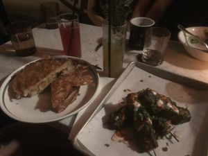 Cheese sandwich and seitan skewers    at Kindred in San Diego