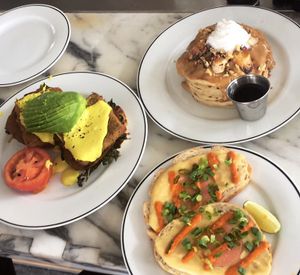 Ontop: The Banana Pancakes. Left: Benedict with Avocado. Bottom: On Toast at Kindred in San Diego