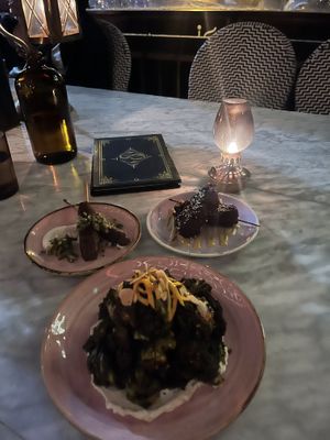 kefta skewer, yuba skewer, and charred remains  at Kindred in San Diego