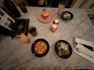 kindred never disappoints! soup, burger and salad   at Kindred in San Diego