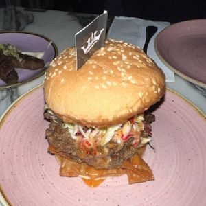 egg roll burger (incredible)  at Kindred in San Diego