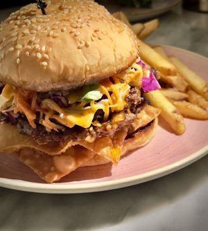 Egg roll burger  at Kindred in San Diego