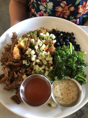 black bean with marinated soy protein and veggies and potatoes from brunch at Kindred in San Diego