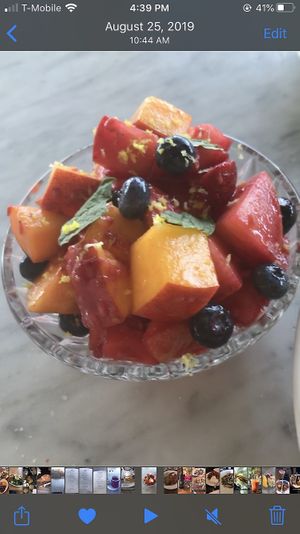 Sensational fruit side (peaches, blueberry, mint, lemon zest) at Kindred in San Diego