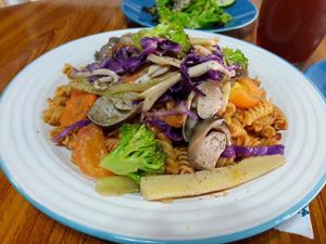 vegan tomato spiral with mixed vege, served with free salad, juice of the day & bean curd!! at D'rink in Skudai