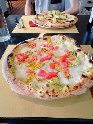 Pizza Primavera (front), Pizza Vegana (back) at La Capannina in Turin