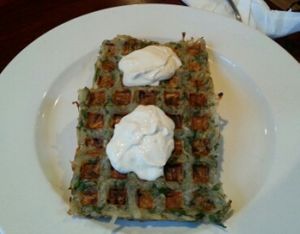 Hash brown waffles (gluten-free) at Wild Rice Vegan Cafe in Watertown