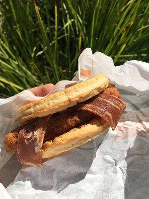 ‘Chicken’ & Waffle Sandwich at Plant Power Fast Food - Ocean Beach in San Diego