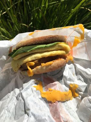Sausage, Egg, & Cheese Muffin $6.49 at Plant Power Fast Food - Ocean Beach in San Diego
