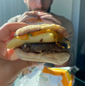 Egg + sausage & cheese muffin sandwich  at Plant Power Fast Food - Ocean Beach in San Diego