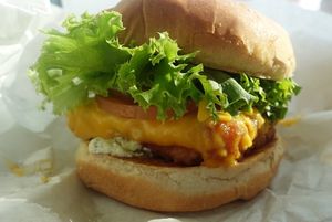 Fish sandwich  at Plant Power Fast Food - Ocean Beach in San Diego