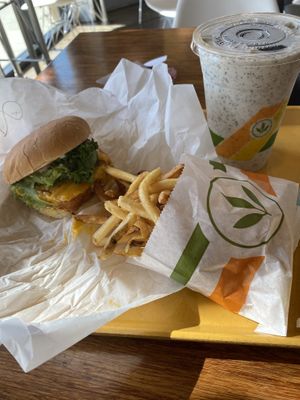 “Fish” Sandwich, fries and cookies and cream shake  at Plant Power Fast Food - Ocean Beach in San Diego