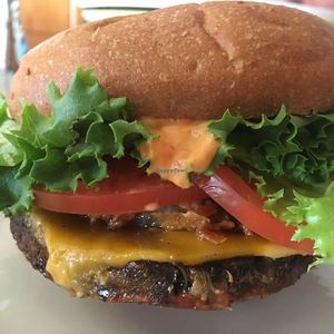 Plant Power Rambler burger with black bean patty at Plant Power Fast Food - Ocean Beach in San Diego