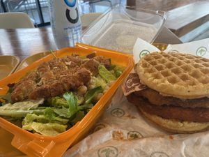 Chick’n and waffles, and chick’n Caesar  at Plant Power Fast Food - Ocean Beach in San Diego