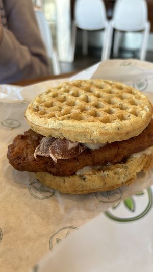 Chicken wafflees  at Plant Power Fast Food - Ocean Beach in San Diego