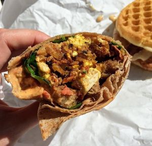 Breakfast Burrito with tofu at Plant Power Fast Food - Ocean Beach in San Diego