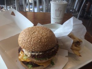 The Big Zac and fries (vegan) at Plant Power Fast Food - Ocean Beach in San Diego