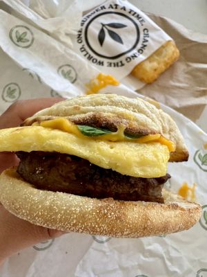 Sausage egg and cheese on an English muffinn  at Plant Power Fast Food - Ocean Beach in San Diego