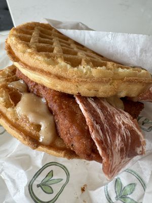 Chicken and waffles sandwich   at Plant Power Fast Food - Ocean Beach in San Diego