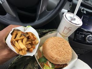 Big Zac, Fries, and Natural Blueberry Soda at Plant Power Fast Food - Ocean Beach in San Diego