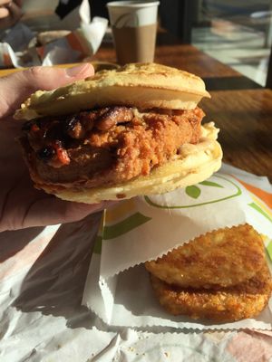 Chickun and waffle sandwich  at Plant Power Fast Food - Ocean Beach in San Diego
