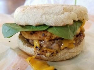 sausage, egg & cheese muffin at Plant Power Fast Food - Ocean Beach in San Diego