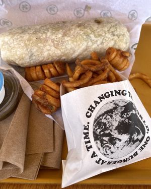 California Burrito with curly fries and ranch 💚  at Plant Power Fast Food - Ocean Beach in San Diego