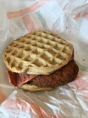 Chicken and waffle bacon sandwich  at Plant Power Fast Food - Ocean Beach in San Diego