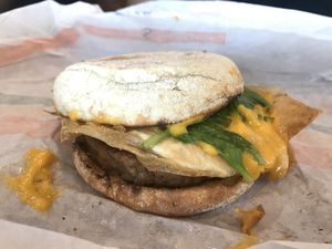 ‘Sausage, Egg & Cheese’ Muffin (with fried egg)  at Plant Power Fast Food - Ocean Beach in San Diego