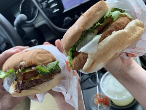 Left: Rambler burger. Right: Crispy chick'n sandwich. 😍 at Plant Power Fast Food - Ocean Beach in San Diego