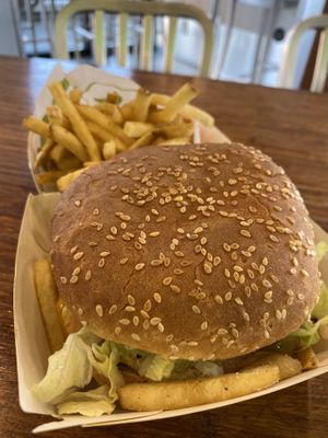 Big Zac with fries  at Plant Power Fast Food - Ocean Beach in San Diego