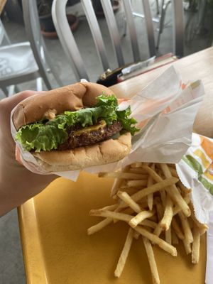 Cheeseburger with Fries.  at Plant Power Fast Food - Ocean Beach in San Diego
