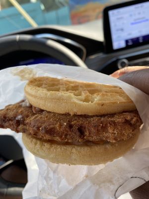 Chicken and waffle sandwich at Plant Power Fast Food - Ocean Beach in San Diego