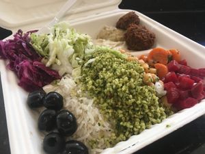 Salad plate with rice and pitas only $7.99 at ChickPeas Kitchen in Davis