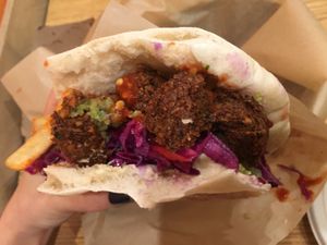 Falafel pita even better if you add fries to it!  at ChickPeas Kitchen in Davis