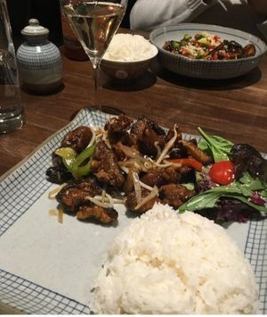 vegan ginger mushrooms & rice  at Odd Couple in Saskatoon