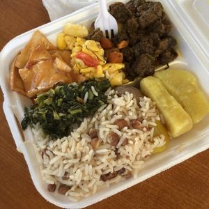 This was amazing! We've been vegan almost four years and haven't found another place as good as this. Curry vege chunk, glazed tofu, ackee, yam, dumpling, calalloo, rice and peas. at King David Ital Rastaurant in Kingston