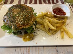 American Burger with fries  at Marietta in Medellin