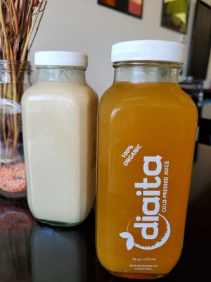 Sweet & Sour Apple (apples & lemons) -- PB Punch (pb, sea moss, bladderwrack, burdock, almond milk, vanilla, allspice & agave at Diaita Cold Pressed Juice in Canton