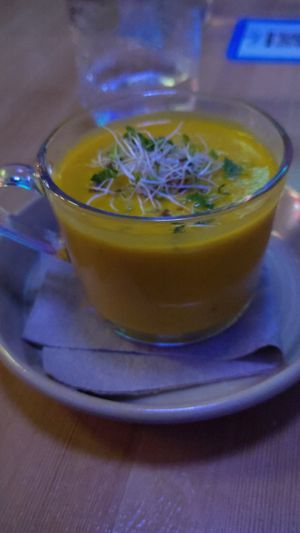 Roasted carrot and ginger soup at Nourish Bistro in Banff