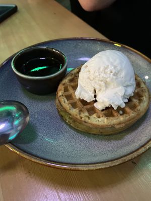 Waffles with coconut gelato and maple syrup  at Nourish Bistro in Banff