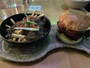 Big bear burger and poutine fries  at Nourish Bistro in Banff