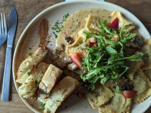 Mushroom ravioli with focaccia toast at Nourish Bistro in Banff