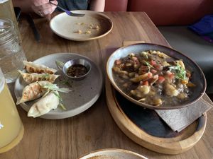Vegan gyoza, veggie poutine   at Nourish Bistro in Banff
