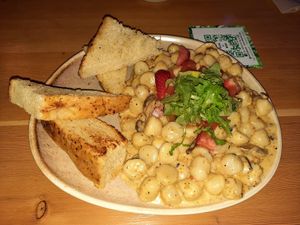 Wild Mushroom Gnocchi in a nut-free cream sauce (all vegan) at Nourish Bistro in Banff